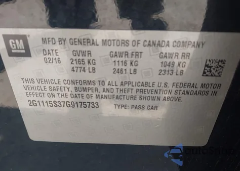 2016 Chevrolet Impala 2Lt из США, поврежденный, VIN 2G1115S37G9175733